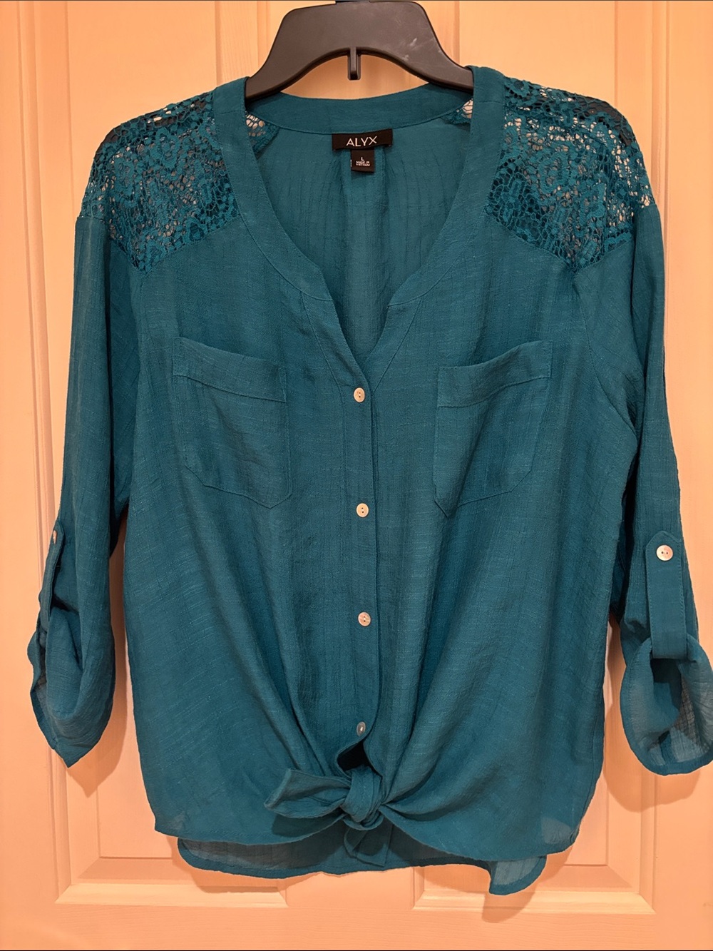 ALYX Teal Lace-Shoulder Button-Down Blouse